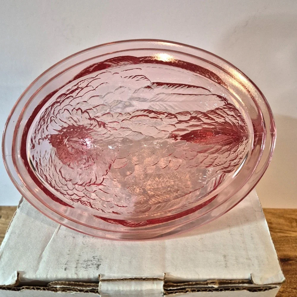 Longaberger Pink Glass Hen On Nest Covered Dish Basket Candy Box w/ Original Box